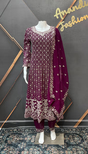 Wine Georgette Anarkali Model Party Wear Kurti set