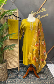 Plus Size - Mustard Yellow Shimmery Tissue Party Wear Kurti Set