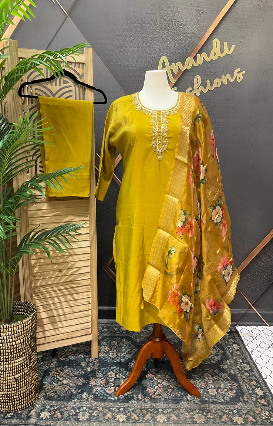 Plus Size - Mustard Yellow Shimmery Tissue Party Wear Kurti Set