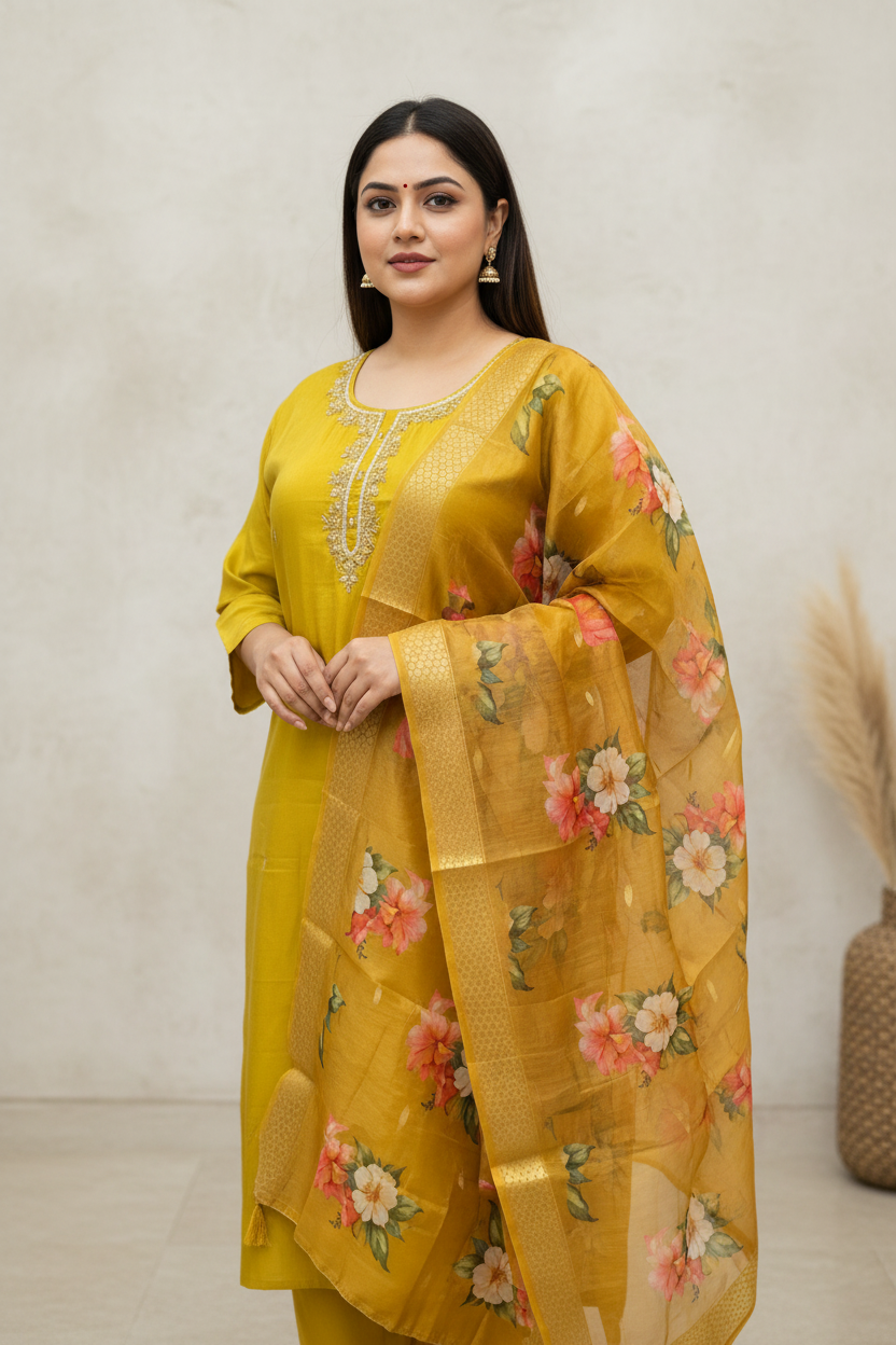 Plus Size - Mustard Yellow Shimmery Tissue Party Wear Kurti Set