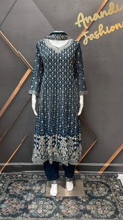 Teal Blue Georgette Anarkali Model Party Wear Kurti set