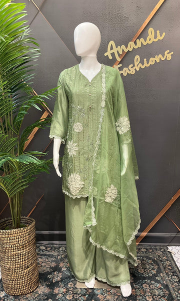 Pastel Green Party Wear Sharara Suit - Satin Silk with Patch Work