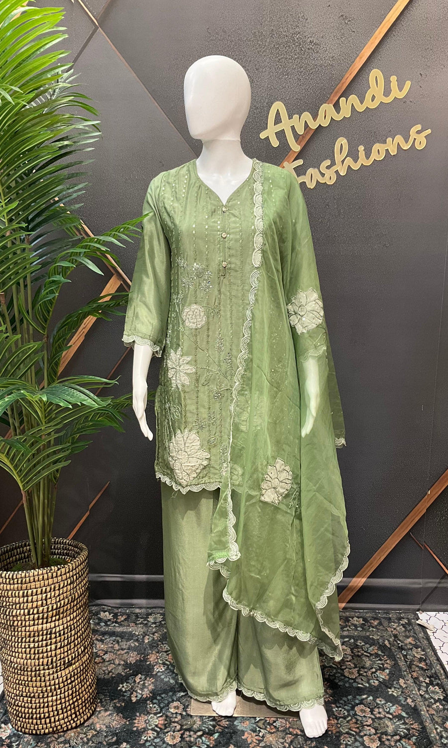 Pastel Green Party Wear Sharara Suit - Satin Silk with Patch Work