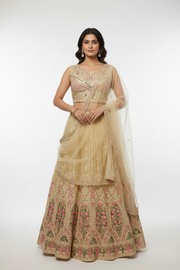 Plus Size Heavy Work Light Gold Lehenga Set Net Fabric