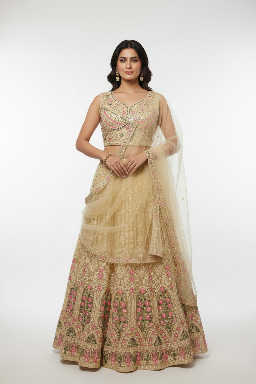 Plus Size Heavy Work Light Gold Lehenga Set Net Fabric