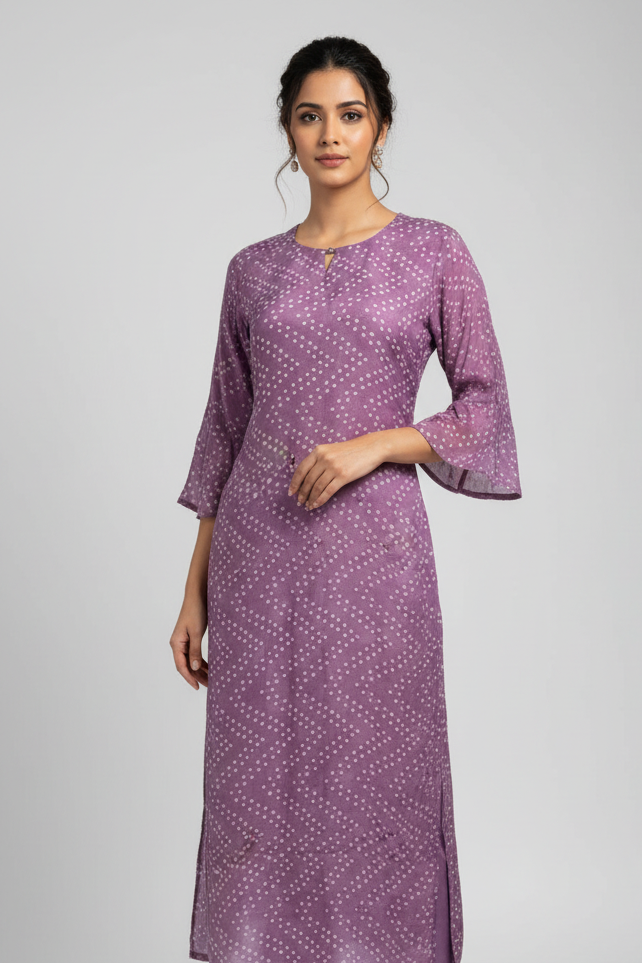 Woman wearing a purple patterned outfit on a white background