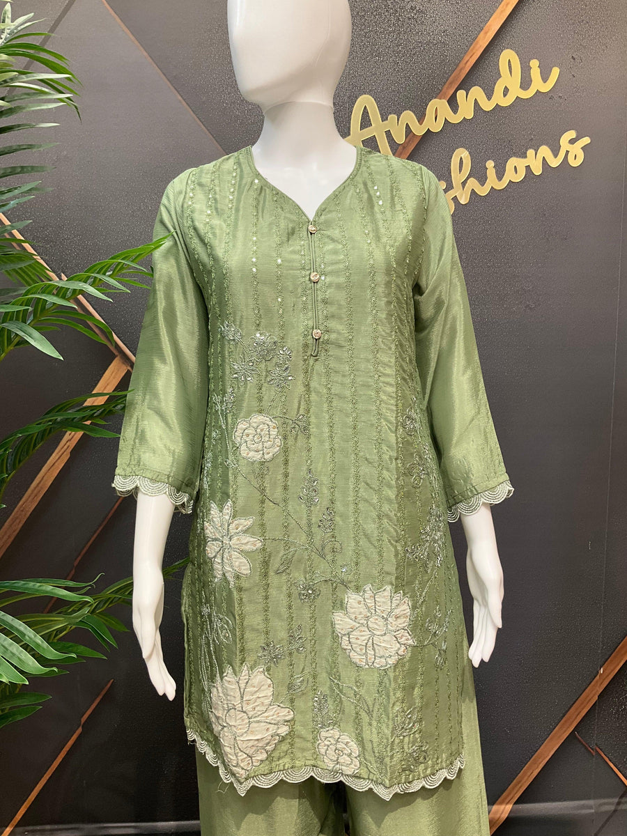 Pastel Green Party Wear Sharara Suit - Satin Silk with Patch Work