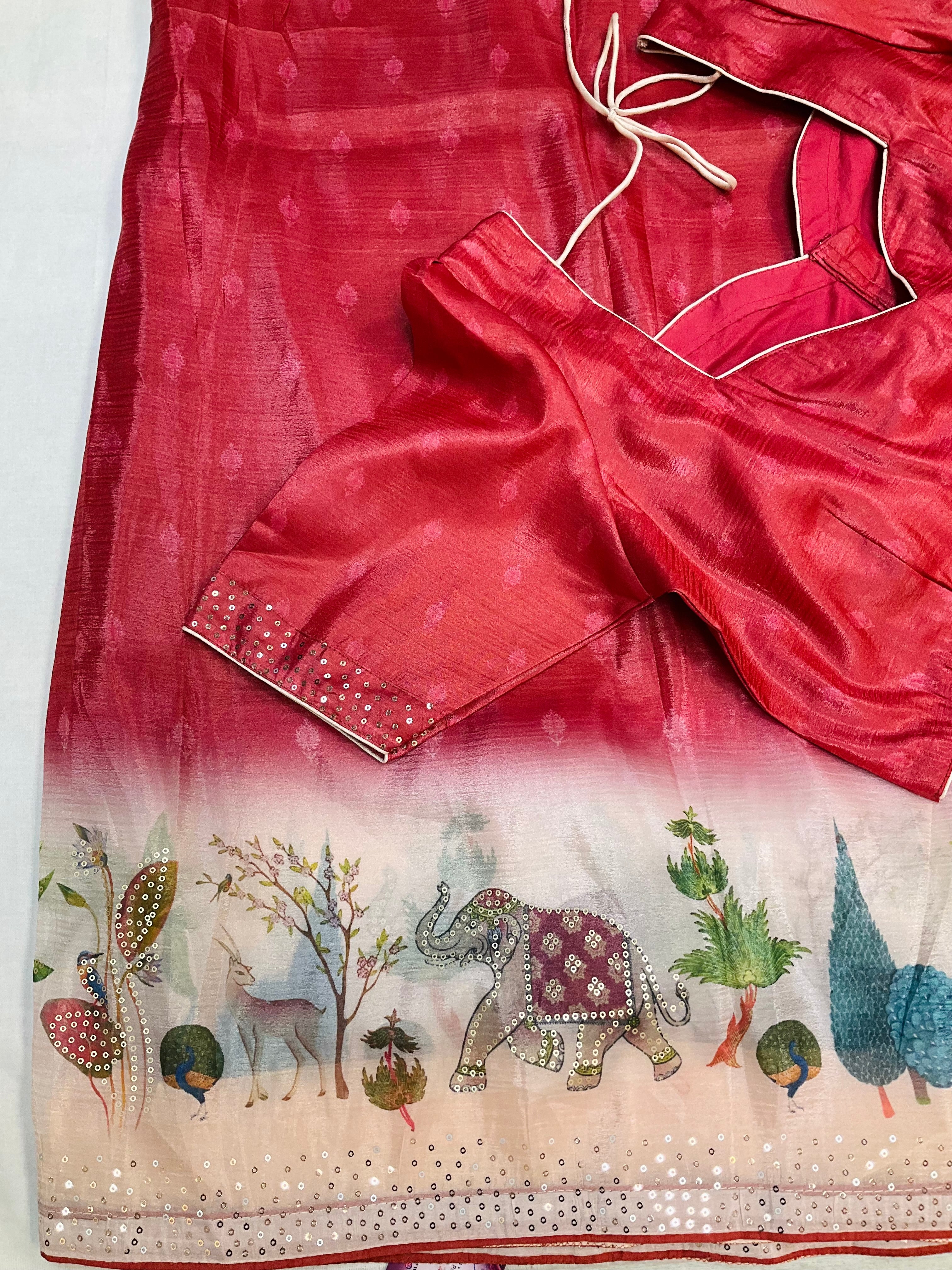 Red Party wear saree with Stitched blouse - fall pico done