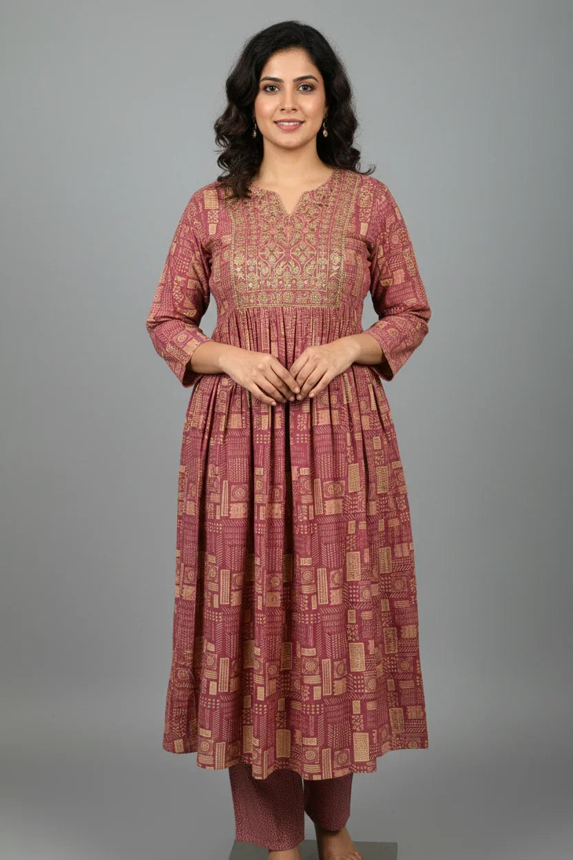 Indian ethnic woman wearing a maroon printed kurta with gold embroidery and matching pants on plain background