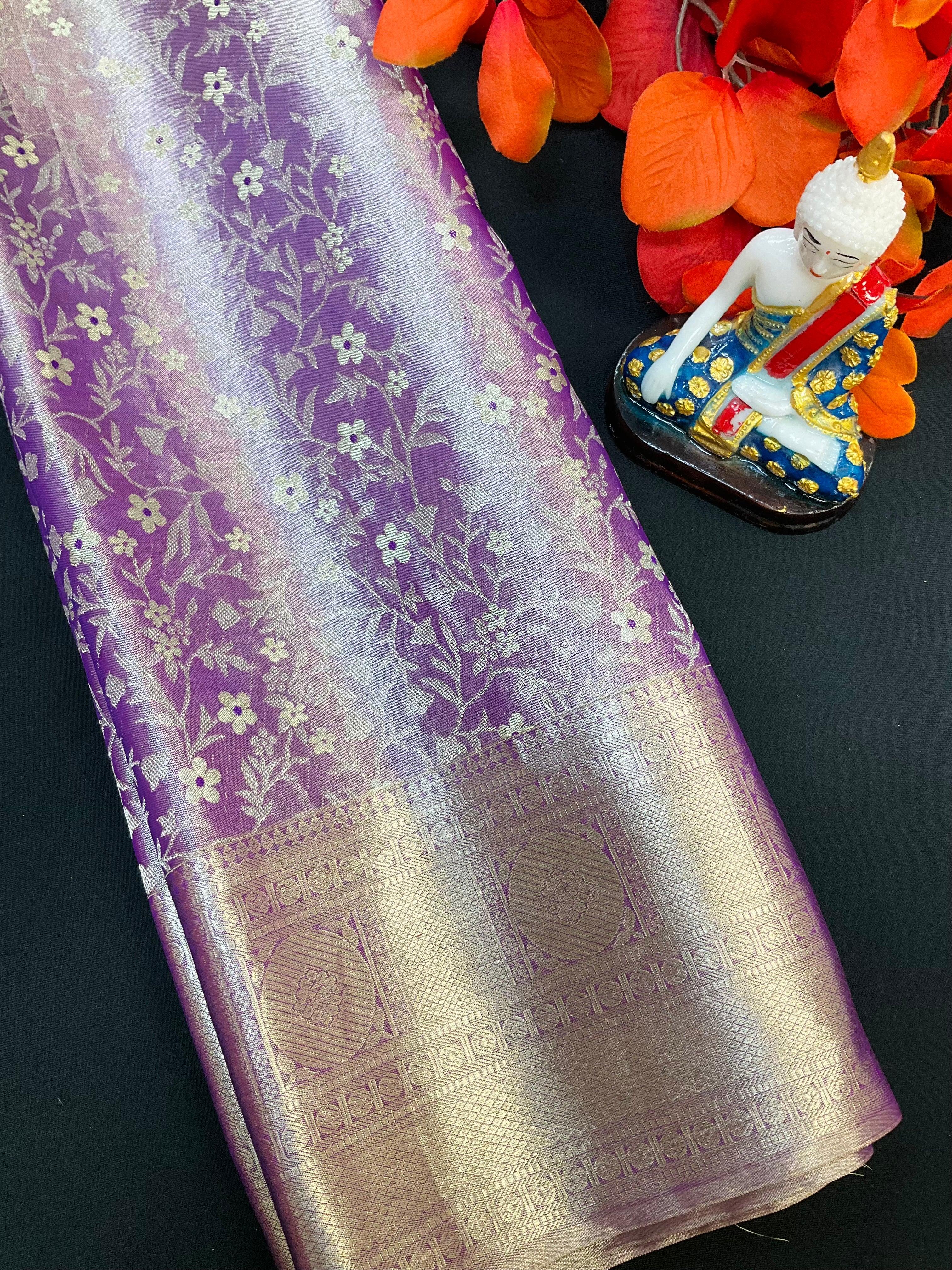 Pure Silk Pastel Colors Kanjeevaram Tissue Saree with Stitched Work Blouse