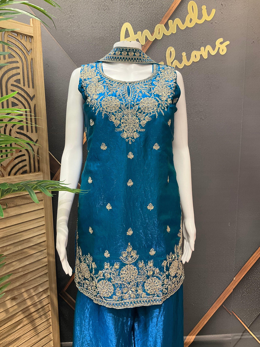 Peacock Blue Party Wear Sharara Set Size 40 - Glass Tissue with Embroidery