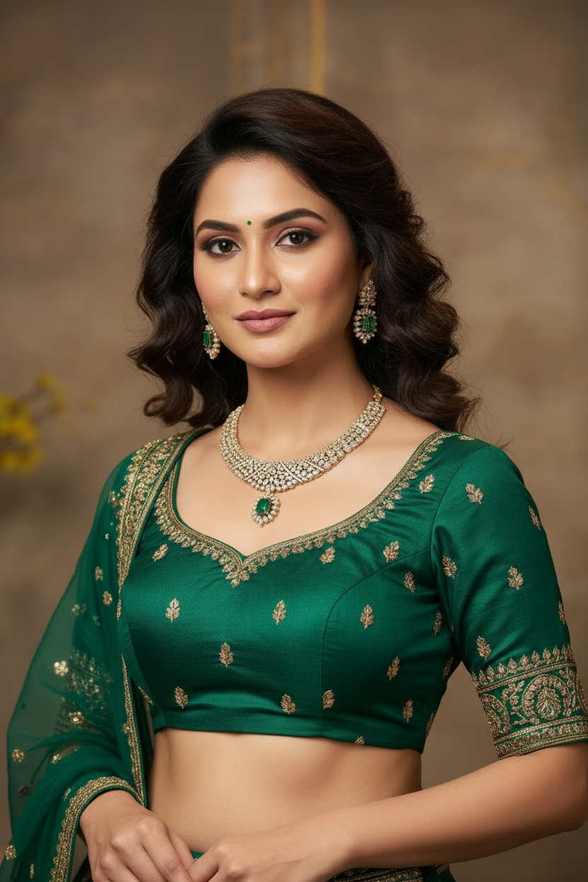 Woman wearing green embroidered Indian ethnic blouse and matching jewelry with a soft beige background