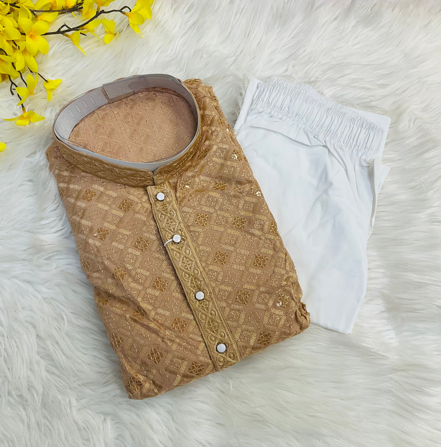 Plus Size Chikku/ Light Brown  color  Rayon Chikankari Men’s wear Kurta set