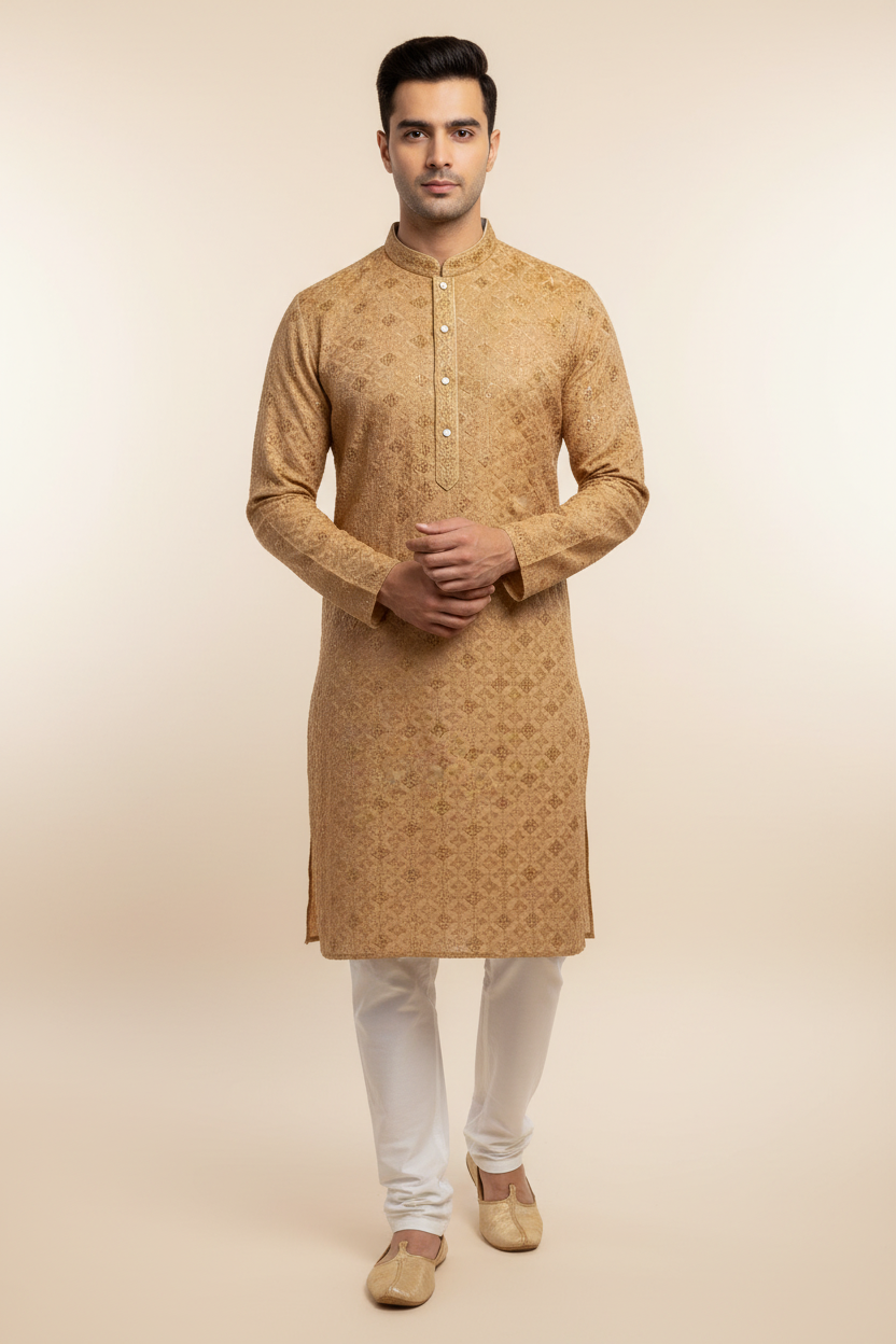 Chikku/Light Brown Color Rayon Chikankari Men’s wear Kurta set