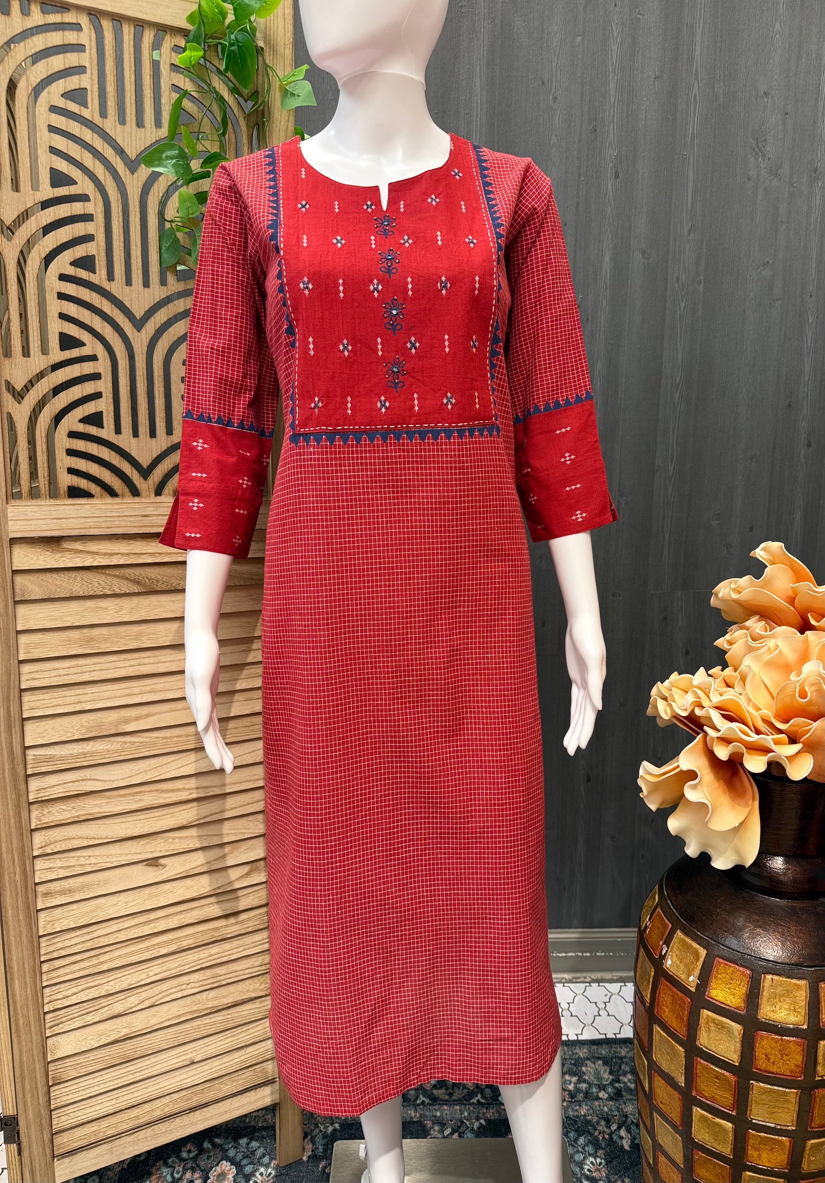 Maroon Color - Khadi Cotton Checks Design Kurti