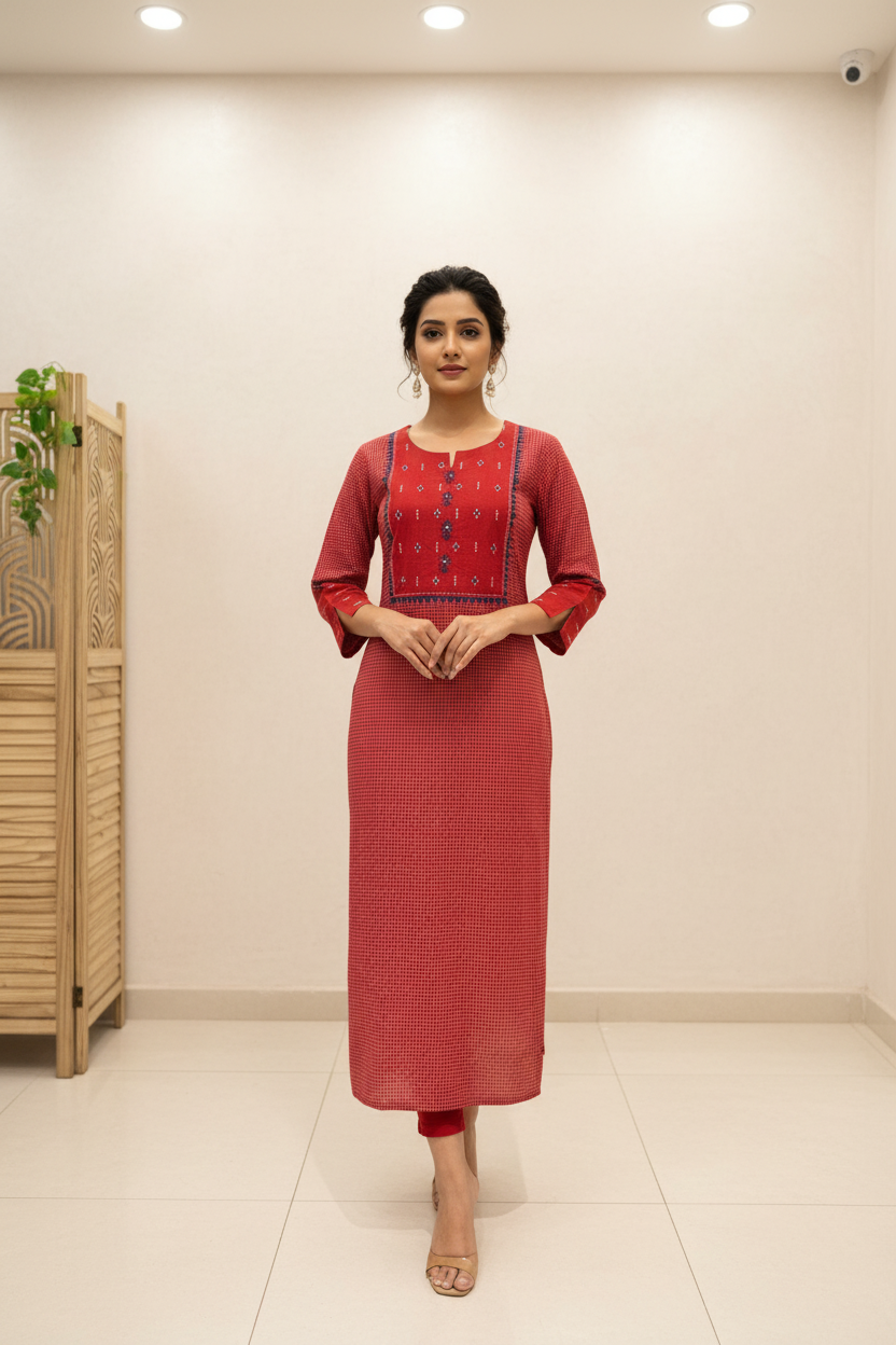 Women’s Maroon Khadi Cotton Checks Design Kurti