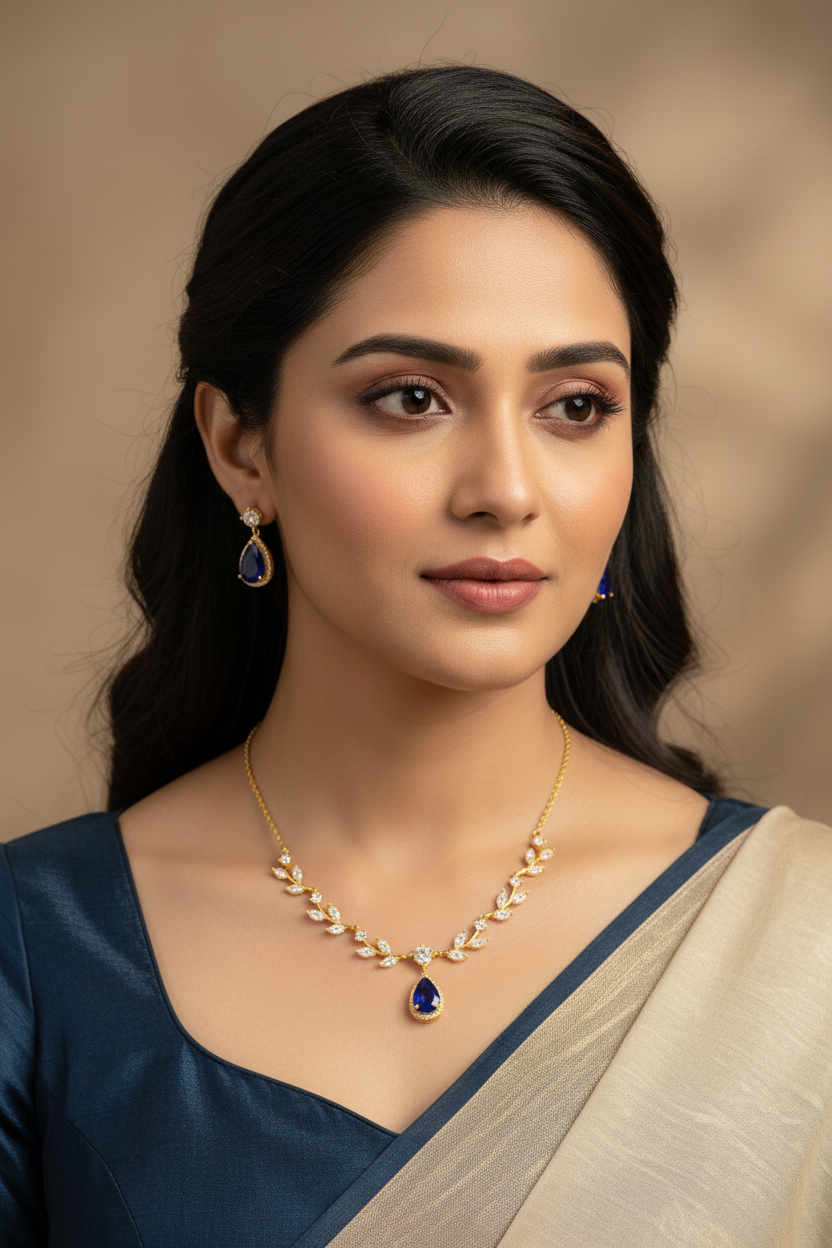 Cute and Simple Blue Stone Necklace set- Leaf Design