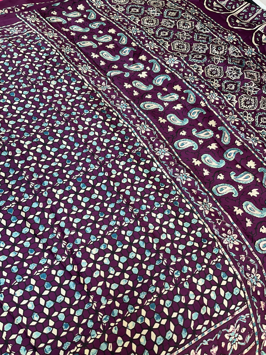Wine Color Semi Modal Silk Ajrakh Saree with Prints