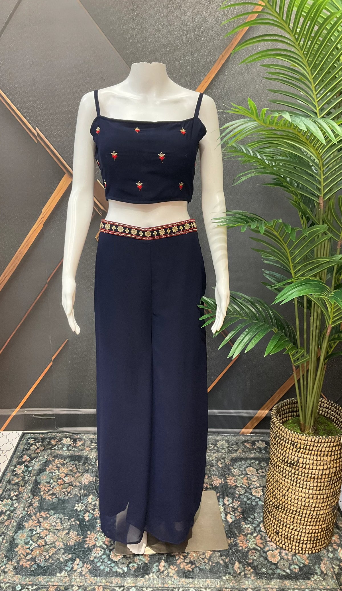 Navy Blue Party Wear Crop Top Palazzo Set with Vest