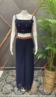 Navy Blue Party Wear Crop Top Palazzo Set with Vest