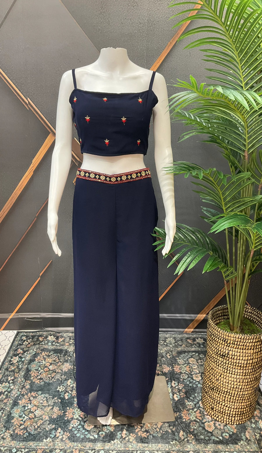 Navy Blue Party Wear Crop Top Palazzo Set with Vest