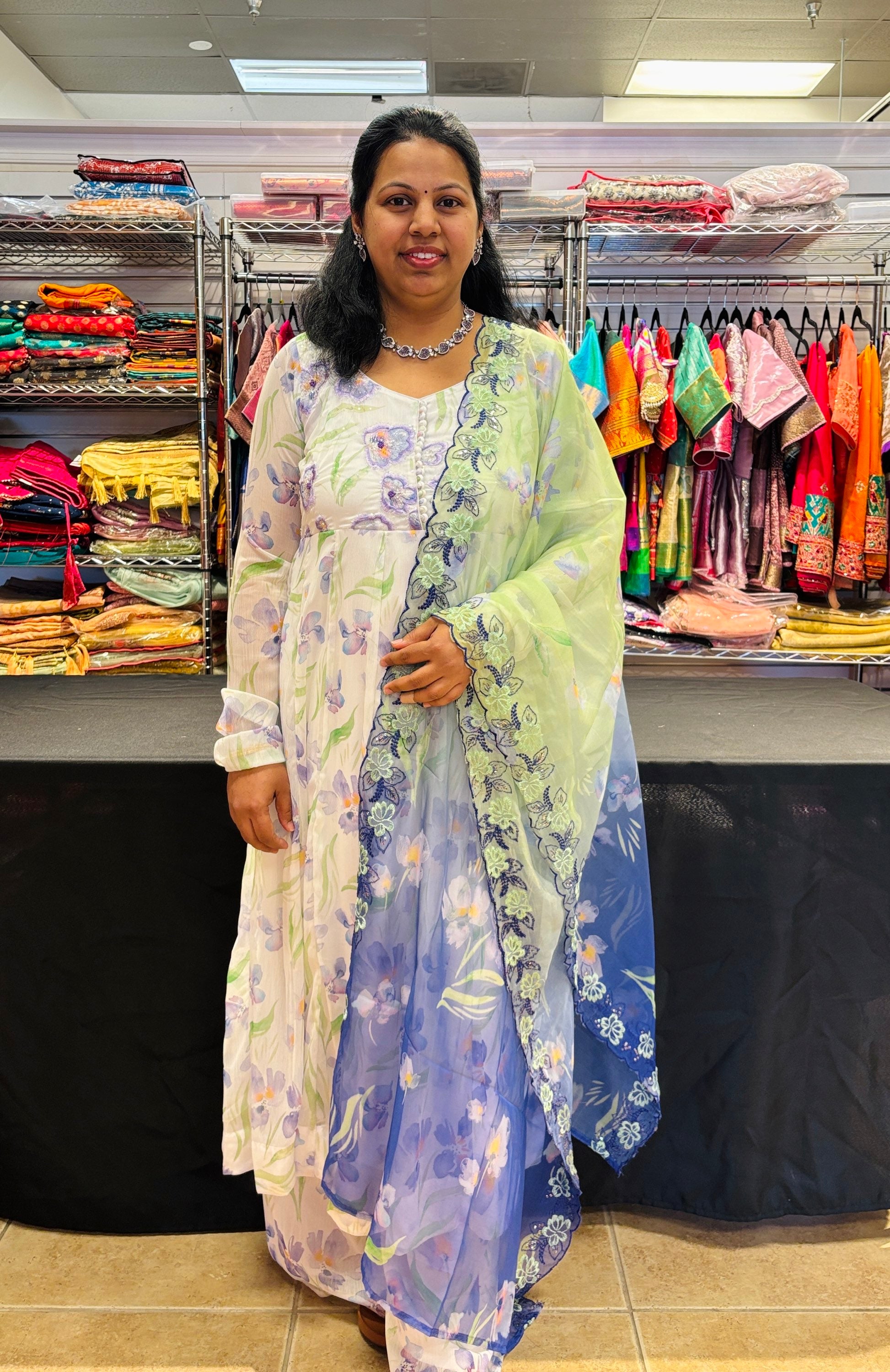 Size 40/US S-Floral Georgette White sharara suit with Purple Organza Dupatta image 1