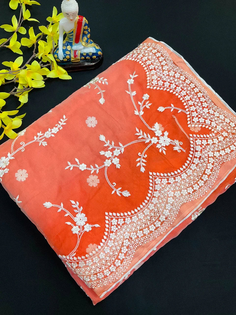 Organza Saree with Thread Embroidery - Elegant Lightweight Saree