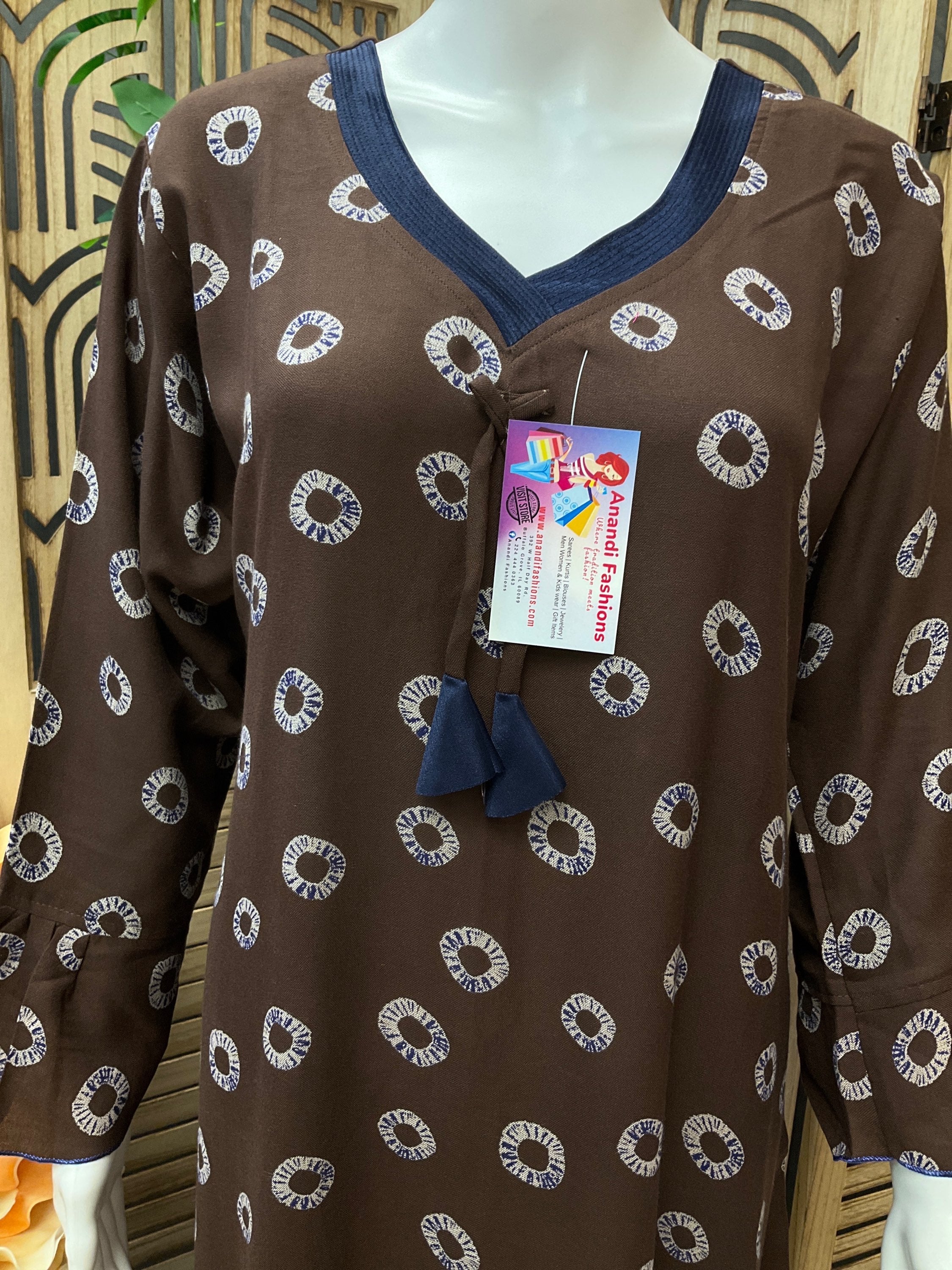 Indian Nighties - Brown color-Rayon nighty long sleeves with side pocket image 2