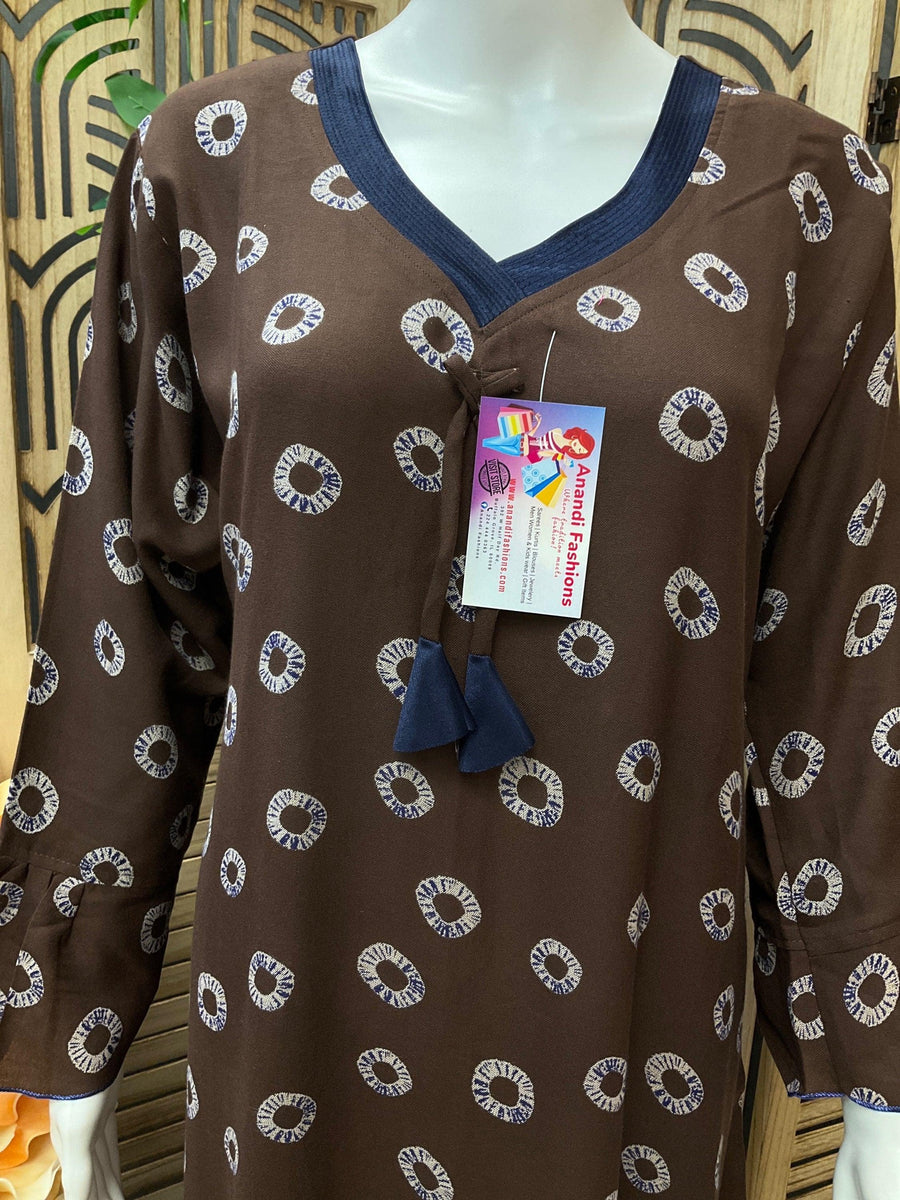 Indian Nighties - Brown color-Rayon nighty long sleeves with side pocket
