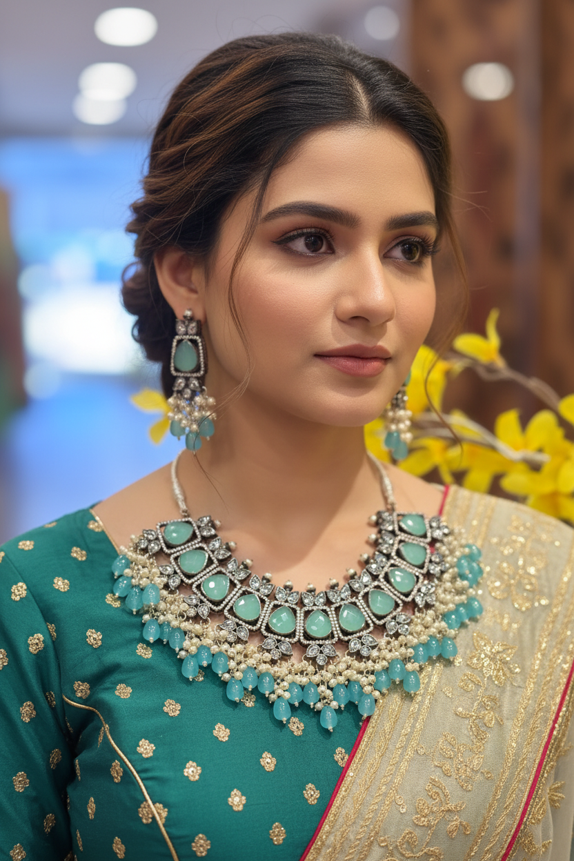 Close-up of woman wearing teal Indian ethnic dress with gold polka dots, heavy aqua gemstone necklace and earrings, and cream dupatta with gold embroidery