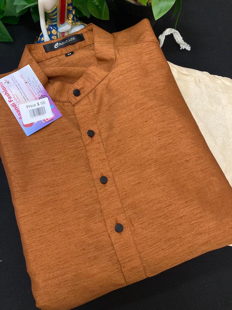 Mens Kurta Pajama Set - Elegant and Simple Copper Kurta with Cream Pajama image 0