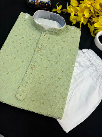 Boys Mint Green Chikankari Kurta Pajama Set - Traditional Kids Wear