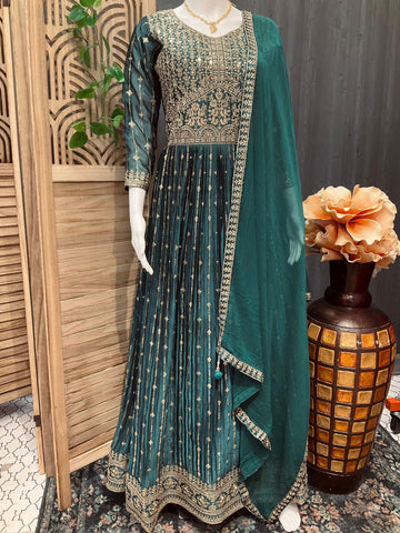 Size 38 Rama Green Long Party Wear Dress - Elegant Design