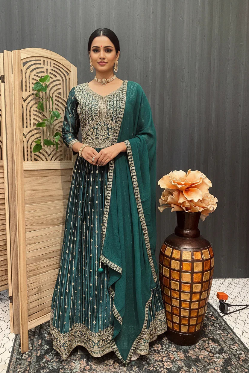 Woman in elegant teal embroidered Indian ethnic Anarkali dress with matching dupatta, standing indoors beside decorative vase and wooden screen