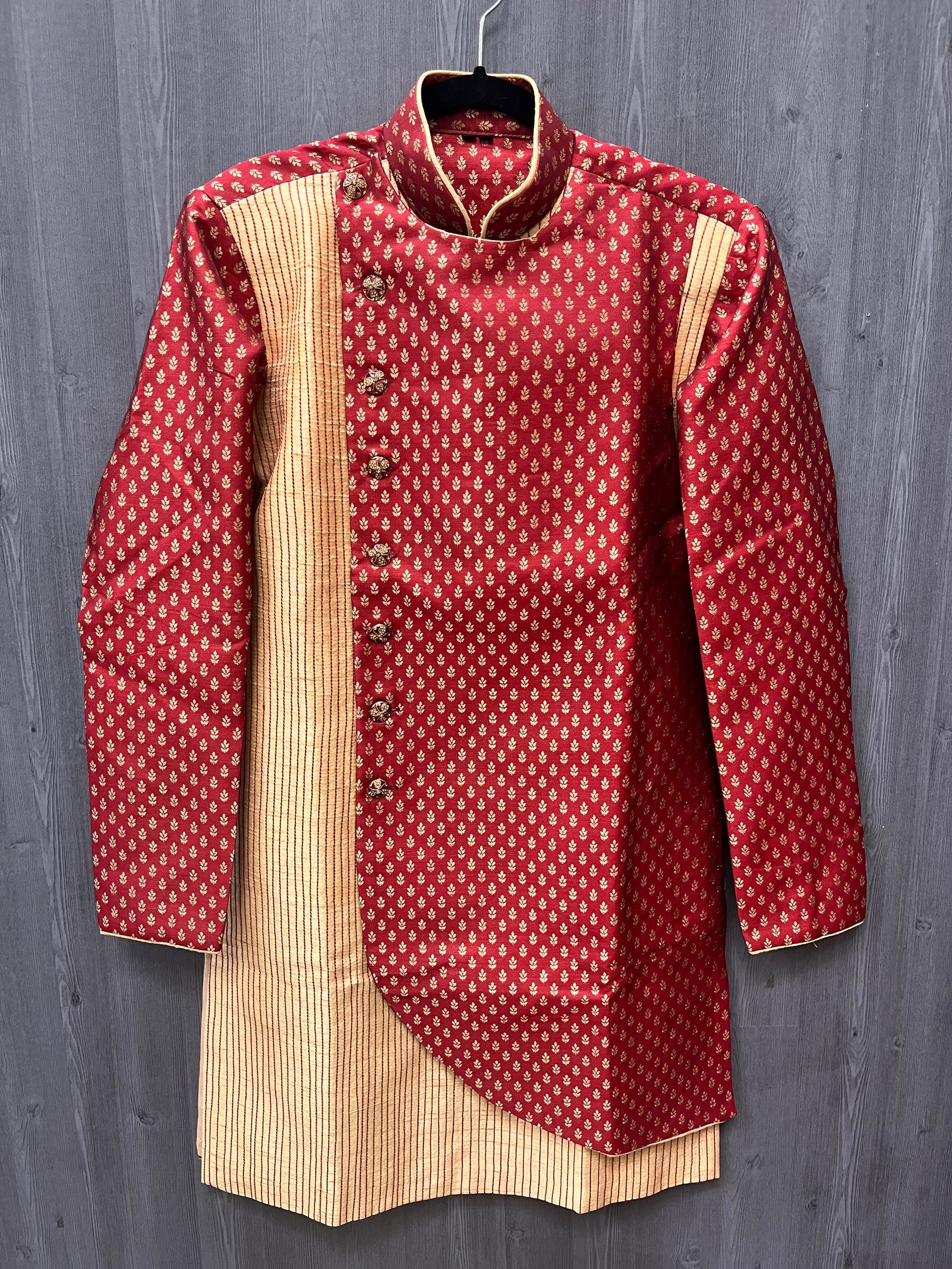 Size 34-Mens Sherwani - Dazzling Red Gold Sherwani with Jodhpuri Pants for Men image 1