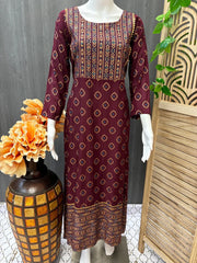Long Rayon Anarkali Kurtis with Gold Print and Mirrors