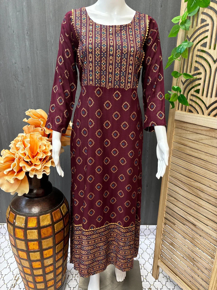 Long Rayon Anarkali Kurtis with Gold Print and Mirrors