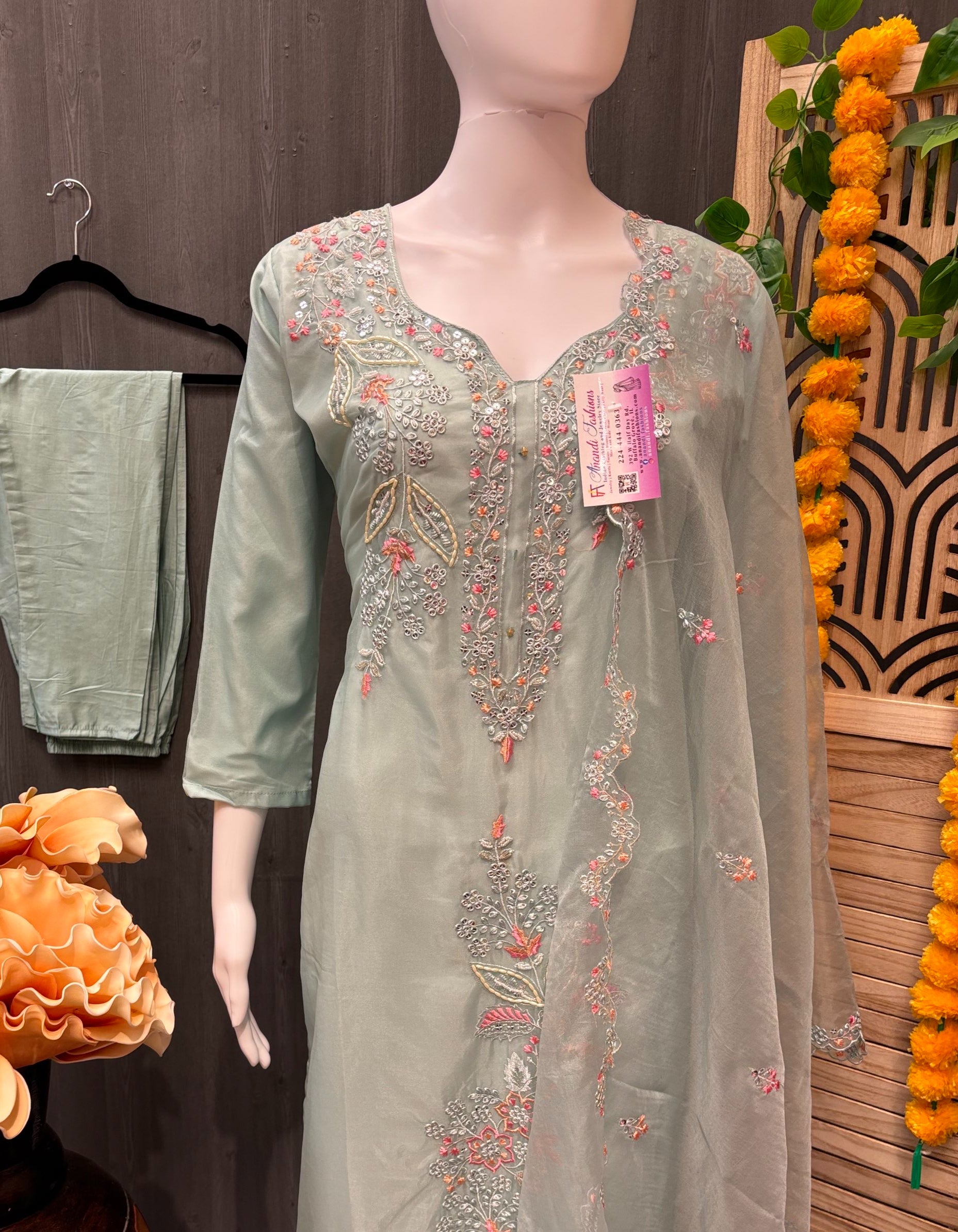 Sea Green Color -Party Wear Organza Kurti set image 2
