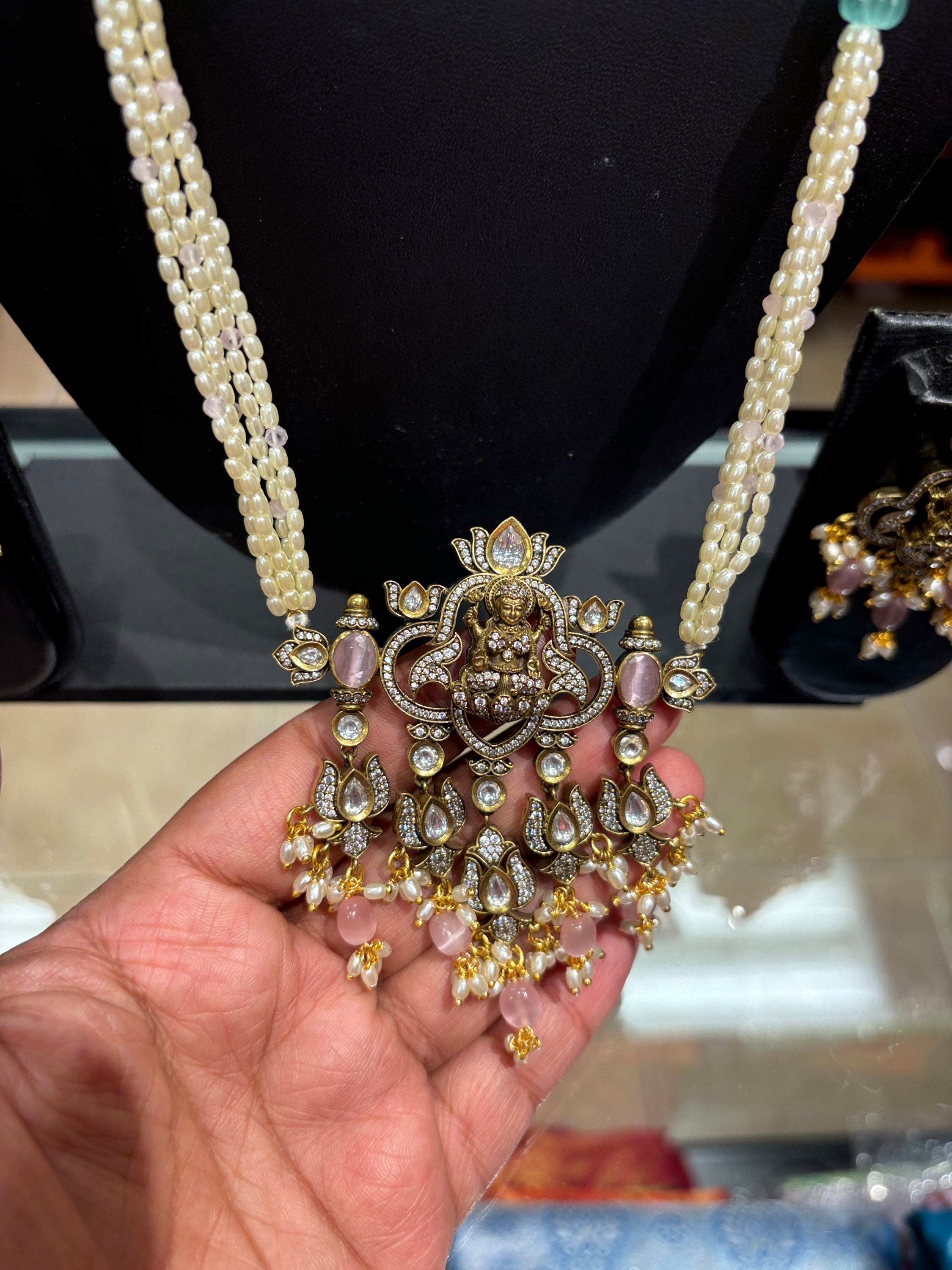 Pearl Long Necklace set with Goddess Lakshmi Pendant set image 5
