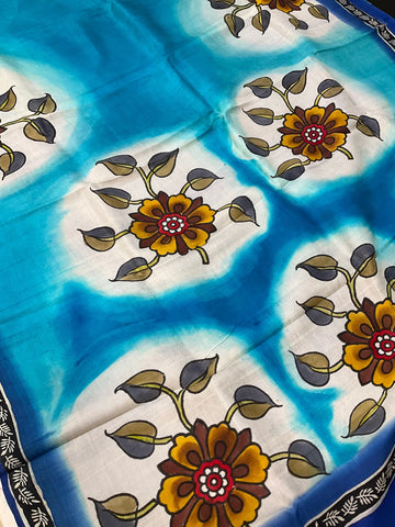 Blue Paper Silk Saree with Floral Print - Lightweight Elegant