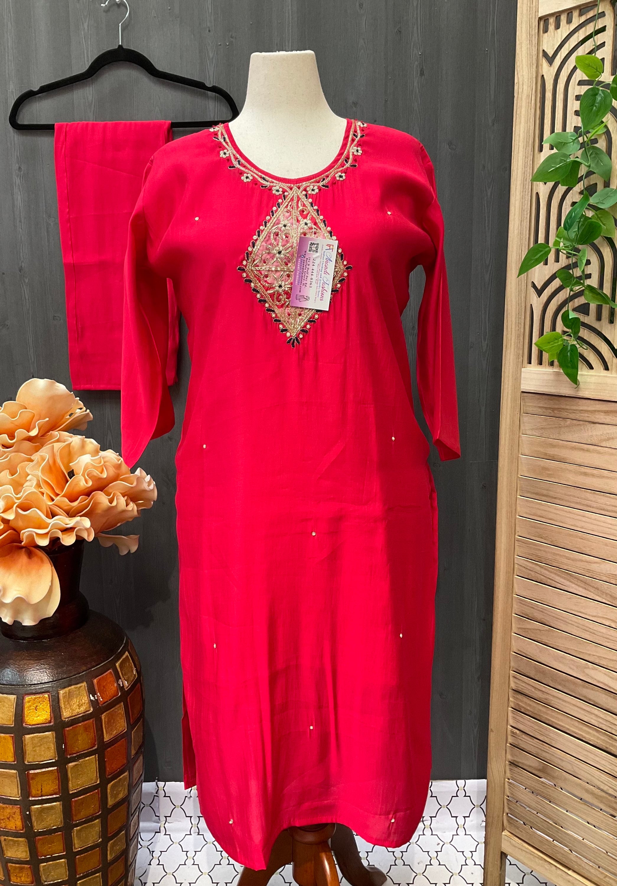 Plus Size - Pink Color Roman Silk Kurti set image 1