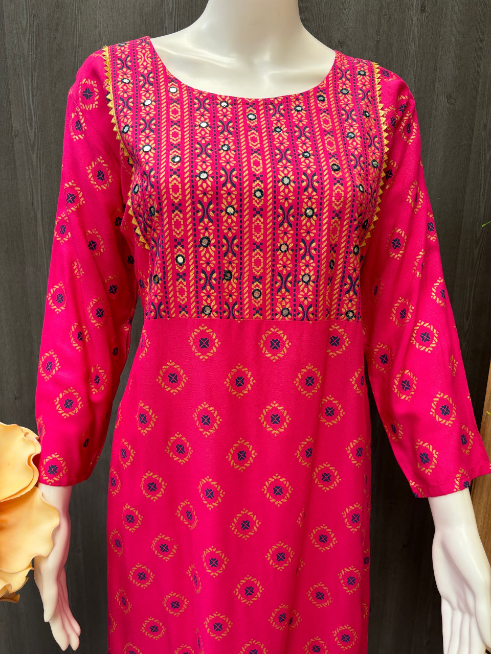 Long Rayon Anarkali Kurtis with Gold Print and Mirrors image 1