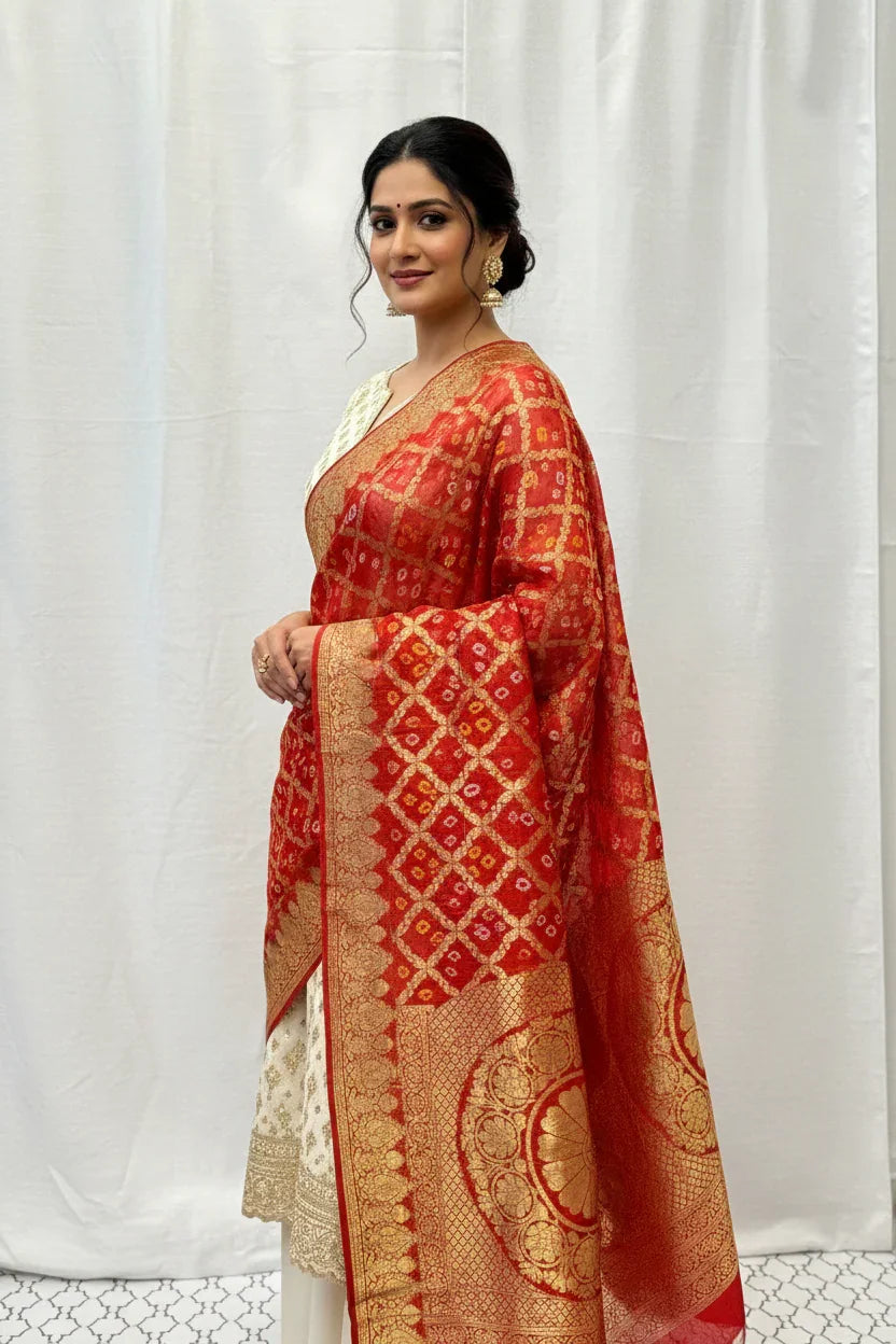 Woman wearing a red and gold Banarasi saree with intricate patterns, styled with traditional earrings, standing against a light backdrop