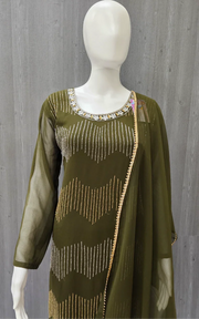 Olive Green-Party Wear Palazzo Top with Bead Work- Size 40/US S