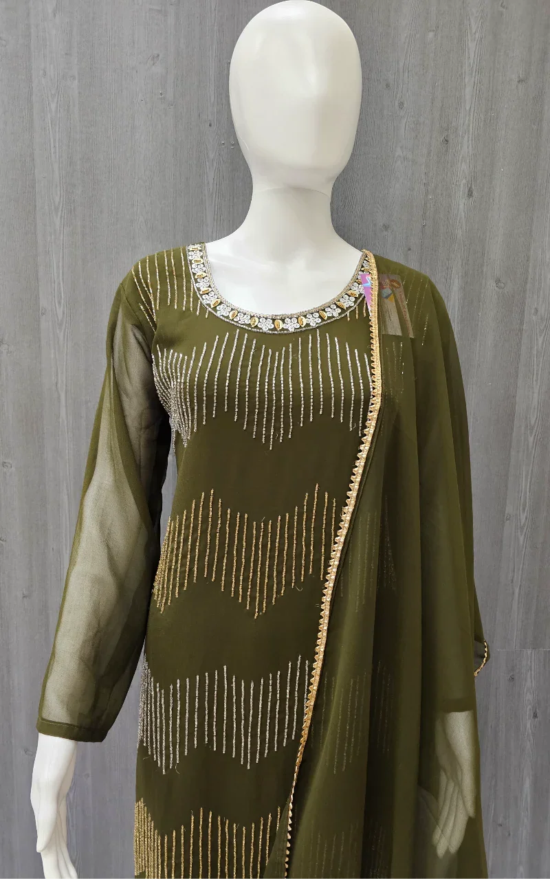 Olive Green-Party Wear Palazzo Top with Bead Work- Size 40/US S