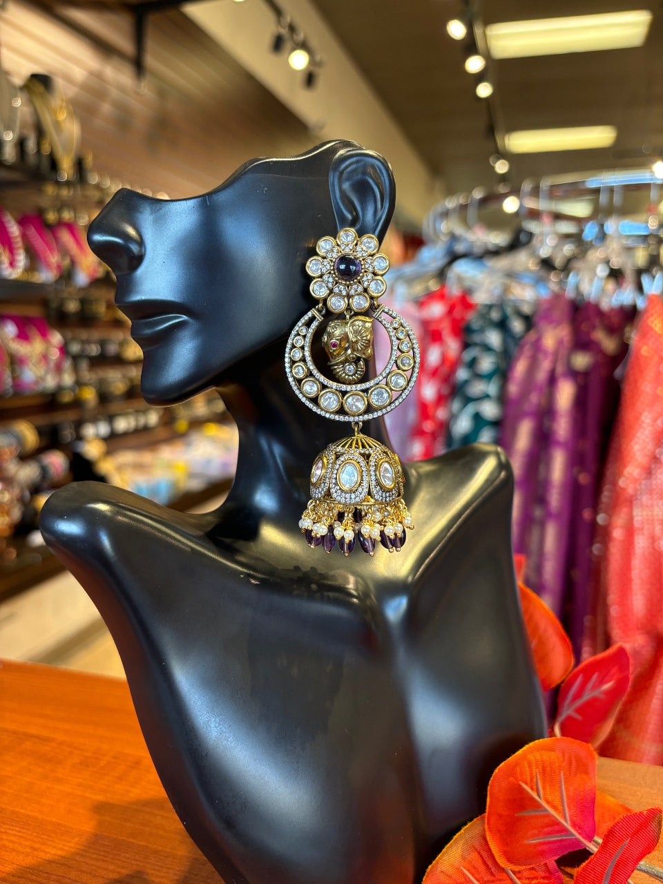 CZ Earrings - Long Victorian Jhumkas with Elephant Design image 1