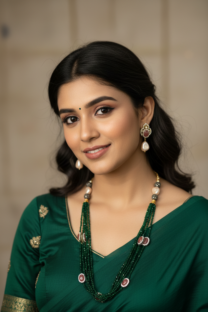 Woman wearing emerald green Indian saree with gold embroidery and matching traditional jewelry
