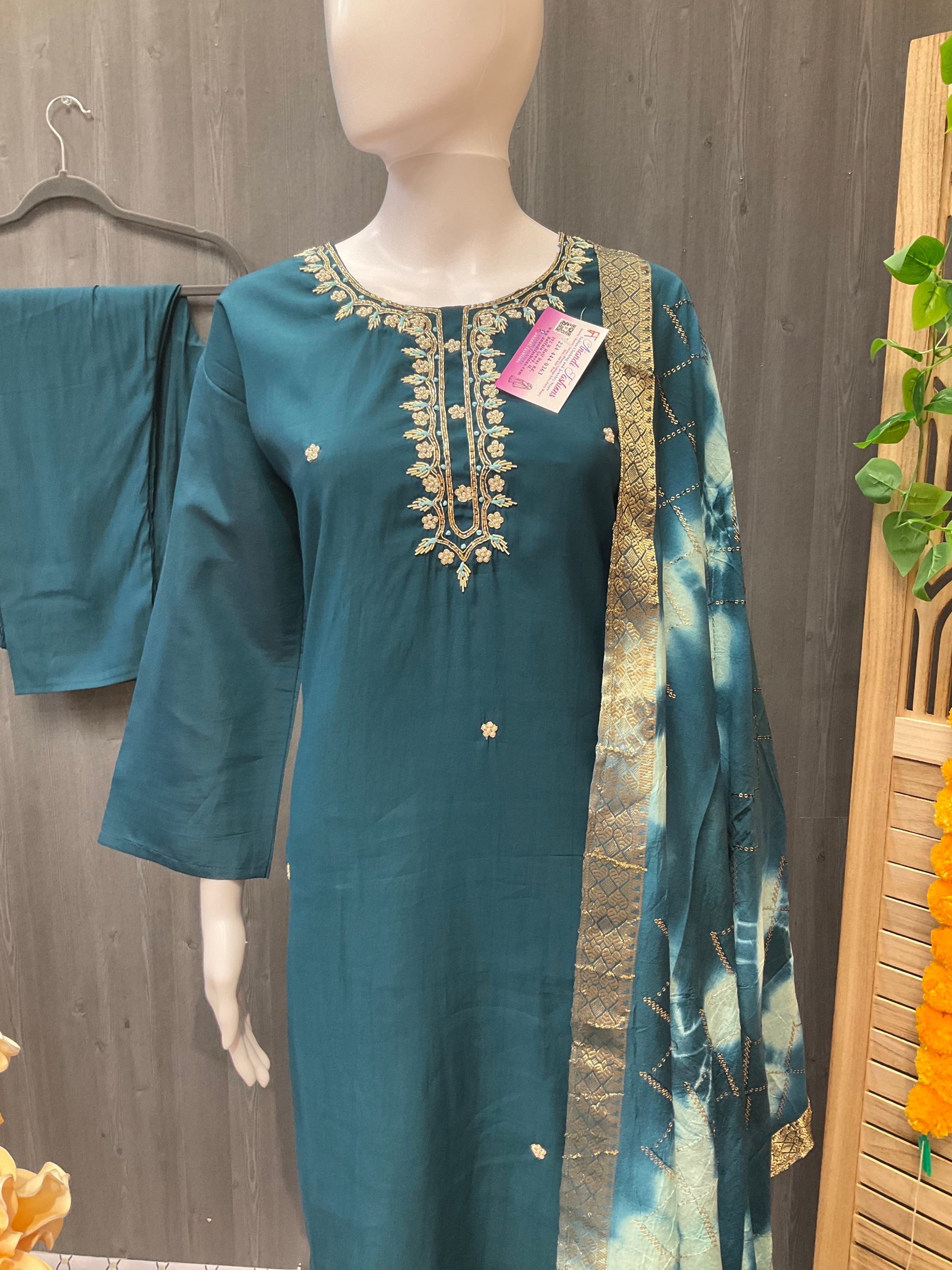 Plus size Peacock Blue Color Party Wear Kurti set image 1