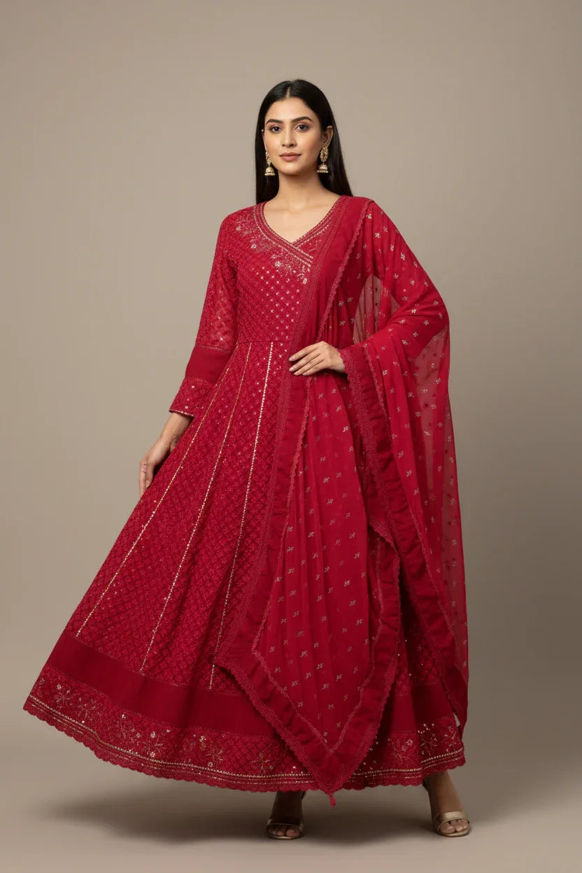 Woman wearing elegant red Indian ethnic Anarkali suit with intricate embroidery and matching dupatta