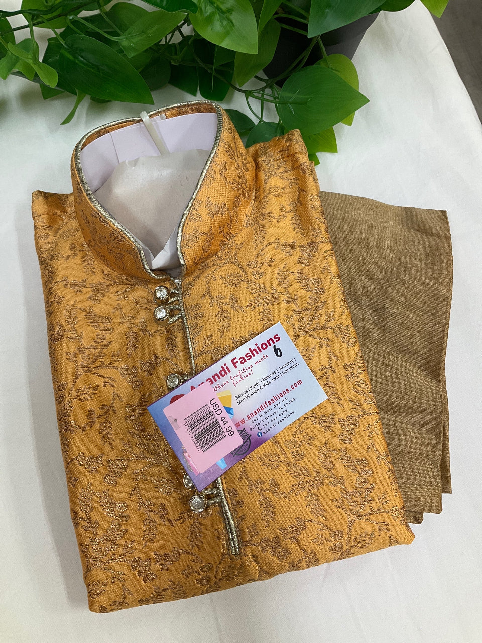 Boys Kurta Set - Elegant Boys Yellow Work Kurta with Brown pajama image 0